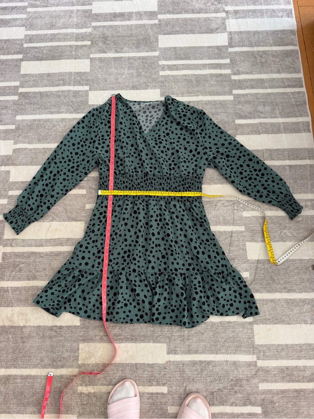 Green Polka Dot Long-Sleeve Wrap Dress